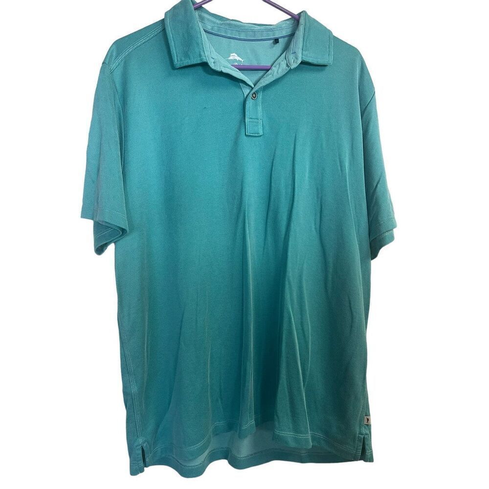 Tommy Bahama Men's Collared Henley Style Short Sleeve Aqua Blue Polo Shirt Sz L